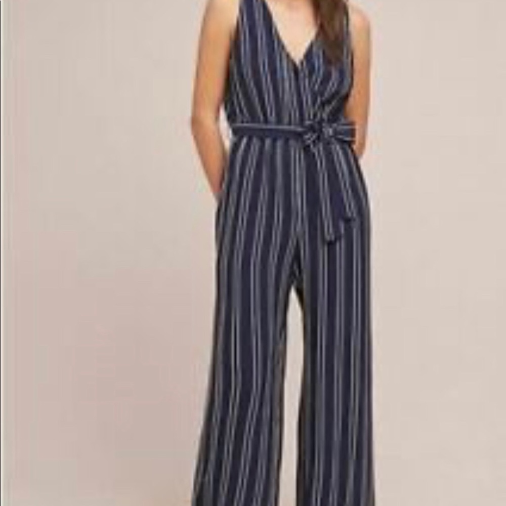 Blue jumpsuit with white strips from Anthropologie